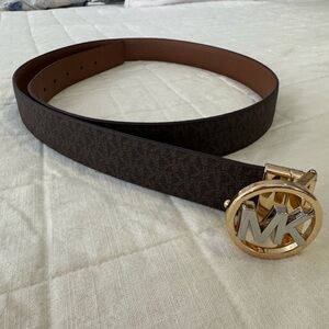 Michael Kors Brown Logo-Pattern Belt with Gold MK Buckle